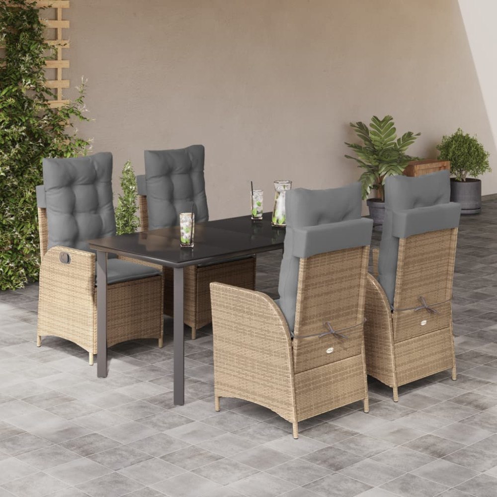 vidaXL Matgrupp för trädgården med dynor 5 delar beige konstrotting