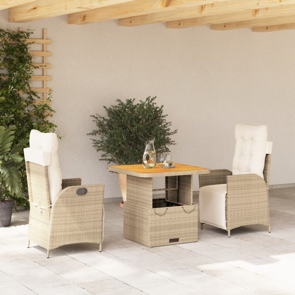 vidaXL Matgrupp för trädgården 3 delar med dynor beige konstrotting