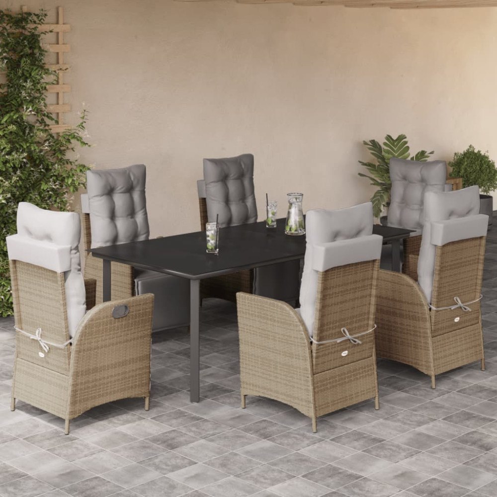 vidaXL Matgrupp för trädgården med dynor 7 delar mixbeige konstrotting