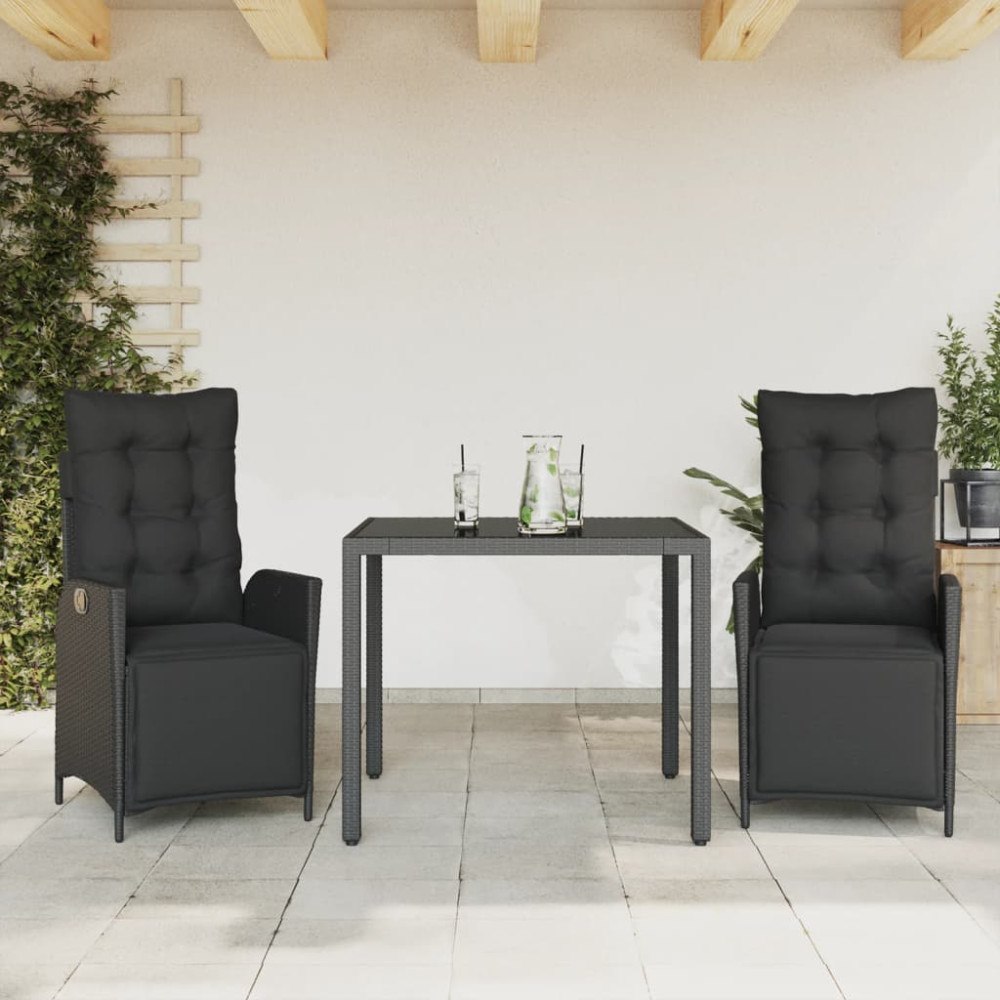vidaXL Matgrupp för trädgården med dynor 3 delar svart konstrotting