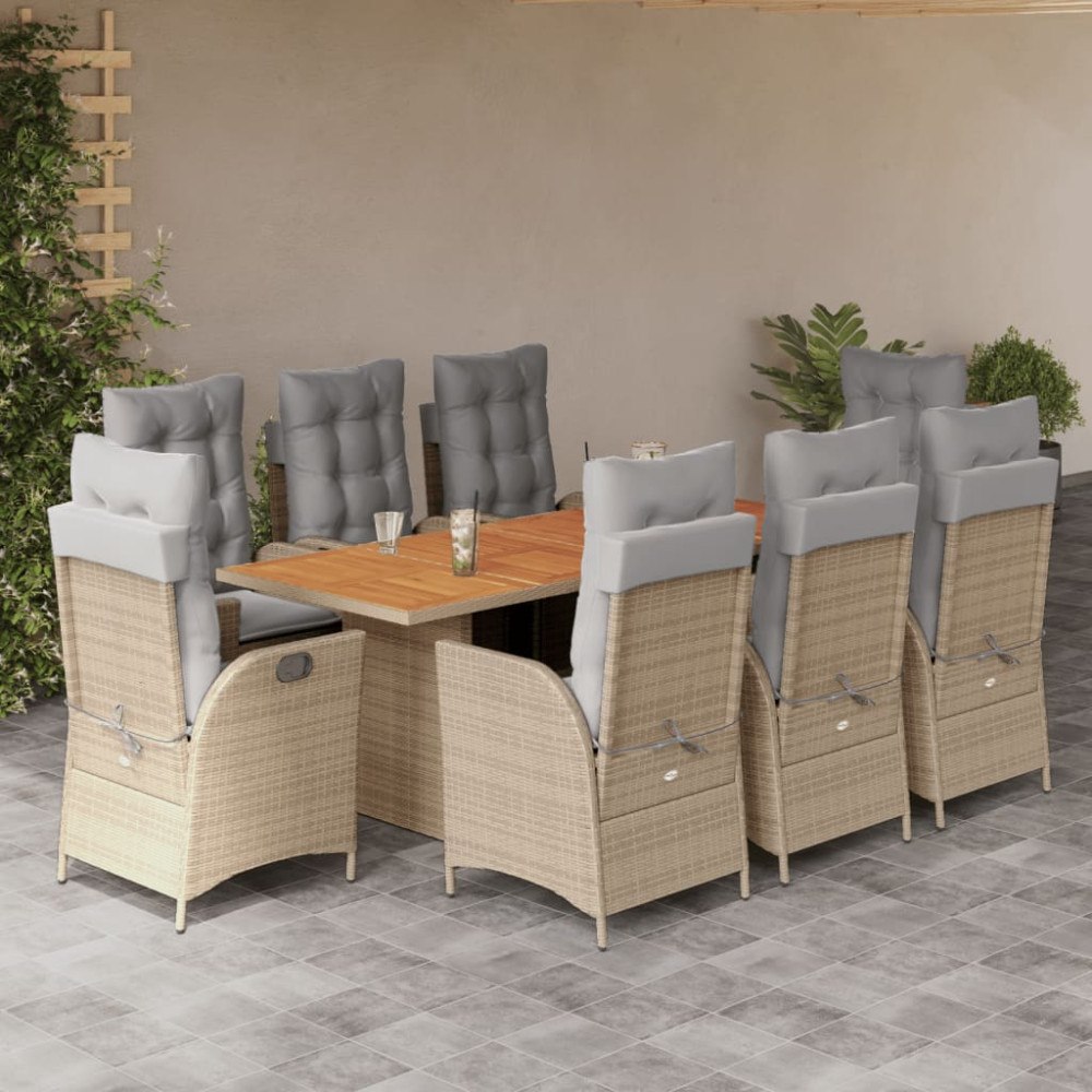 vidaXL Matgrupp för trädgården med dynor 9 delar mixbeige konstrotting