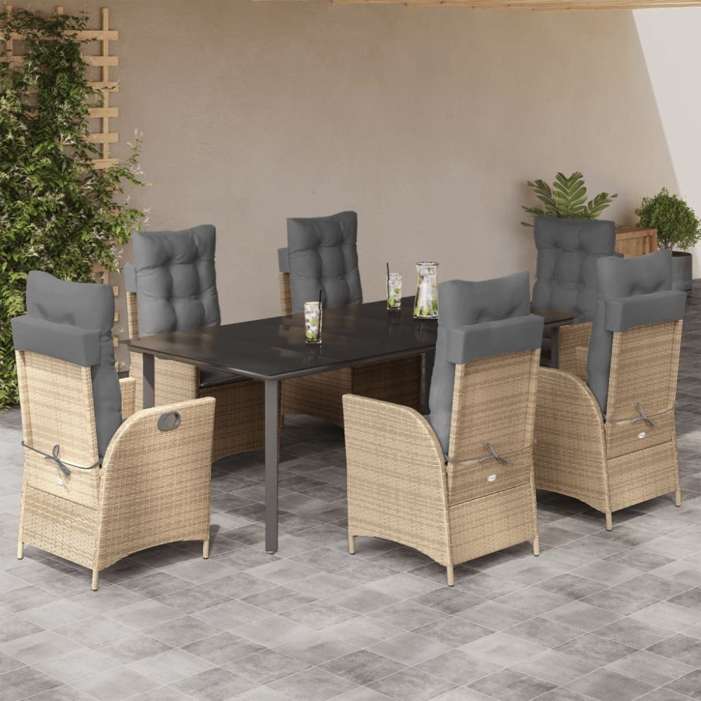 vidaXL Matgrupp för trädgården med dynor 7 delar beige konstrotting