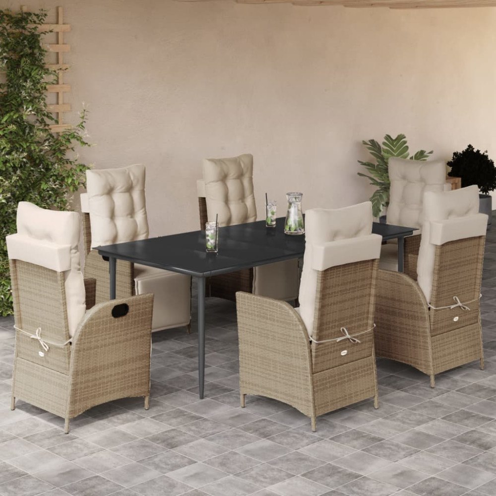 vidaXL Matgrupp för trädgården med dynor 7 delar beige konstrotting