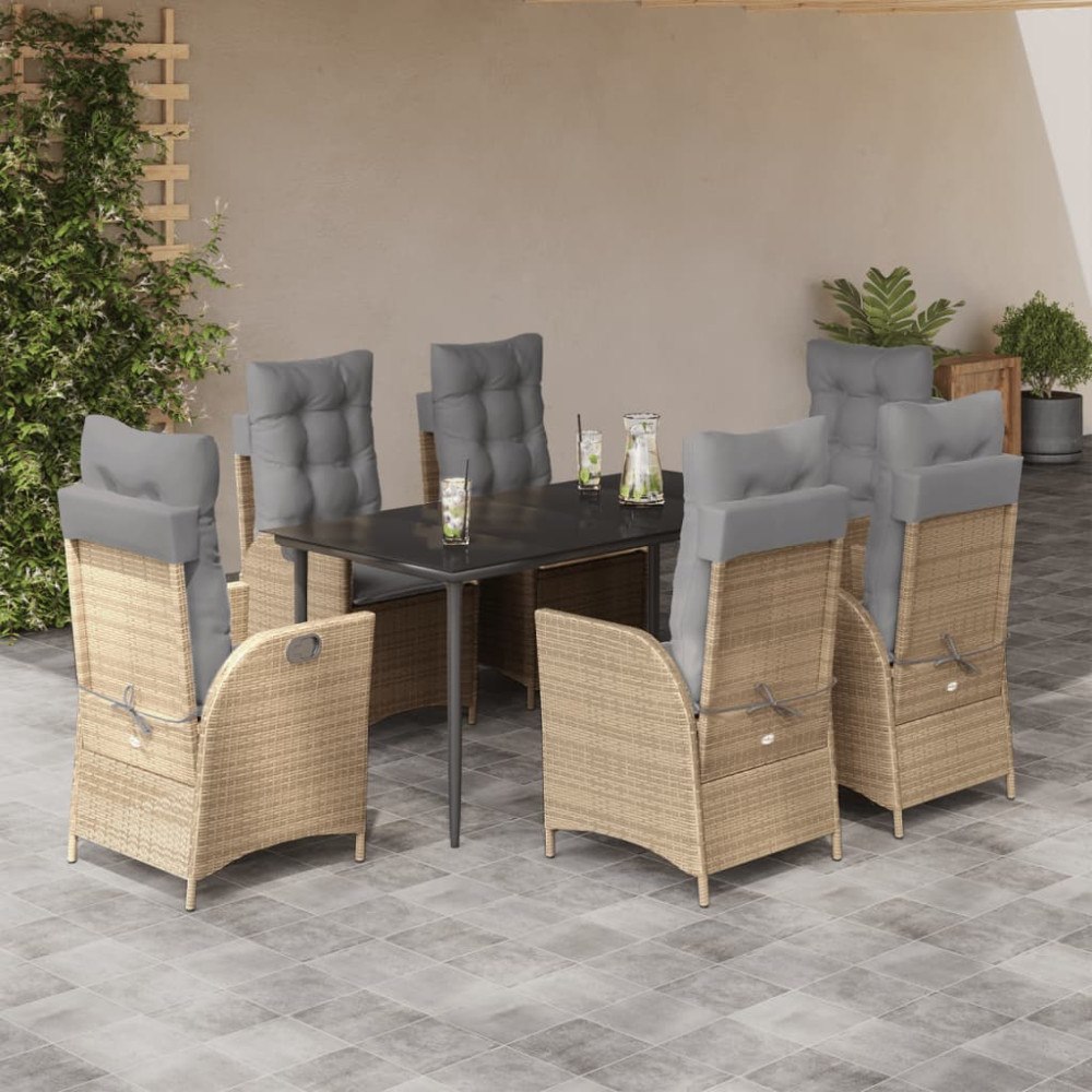vidaXL Matgrupp för trädgården med dynor 7 delar beige konstrotting