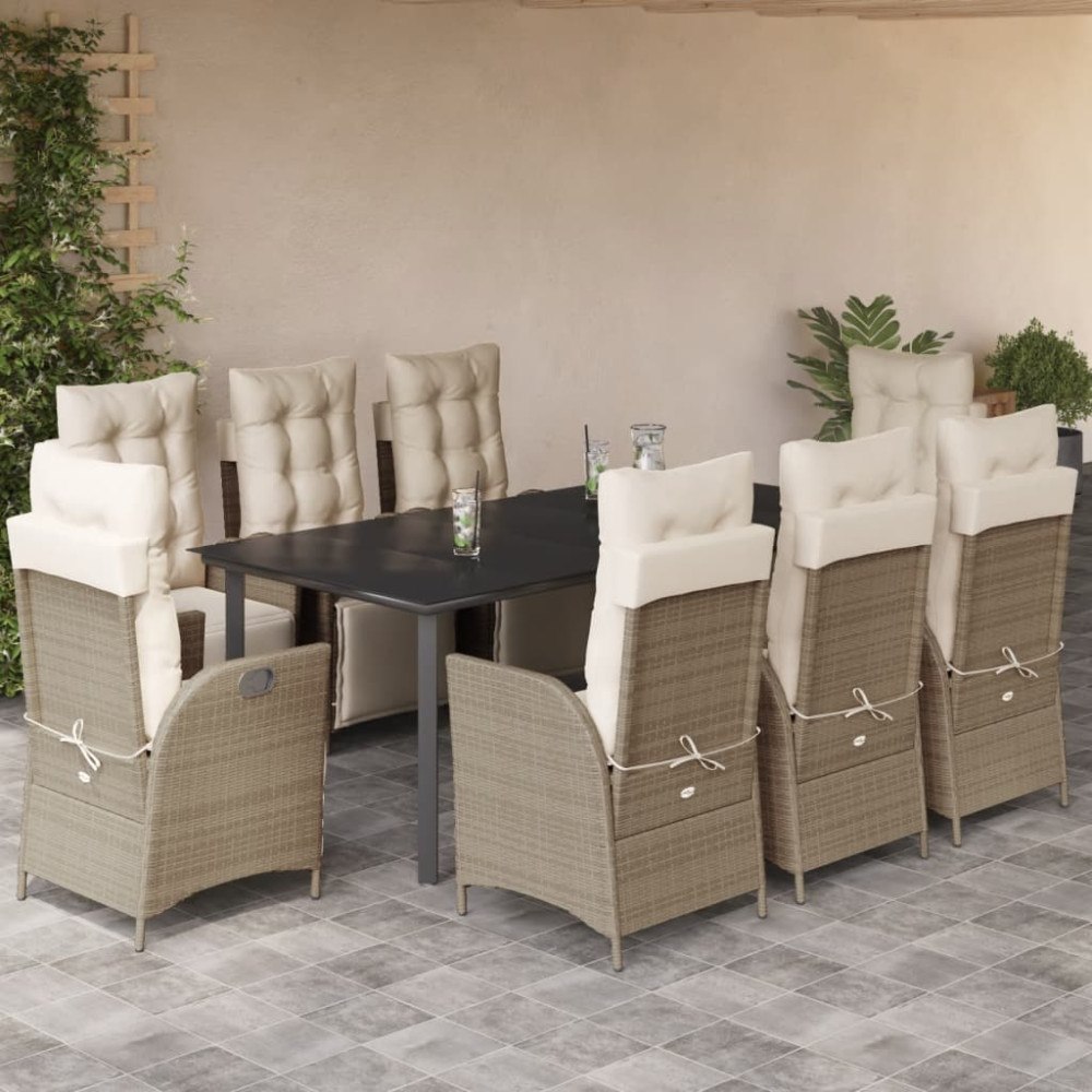 vidaXL Matgrupp för trädgården med dynor 9 delar beige konstrotting