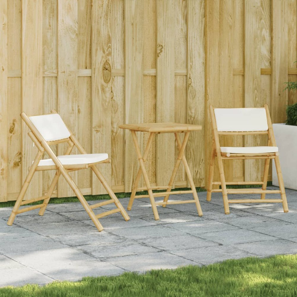 vidaXL Caféset för trädgården med gräddvita dynor 3 delar bambu