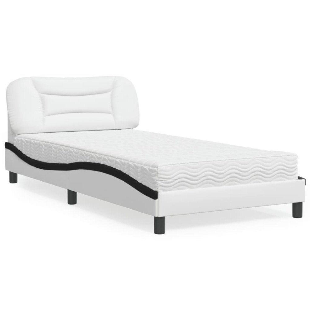 vidaXL Bed with Mattress "Hvar" White and Black 100x200 cm Faux Leather