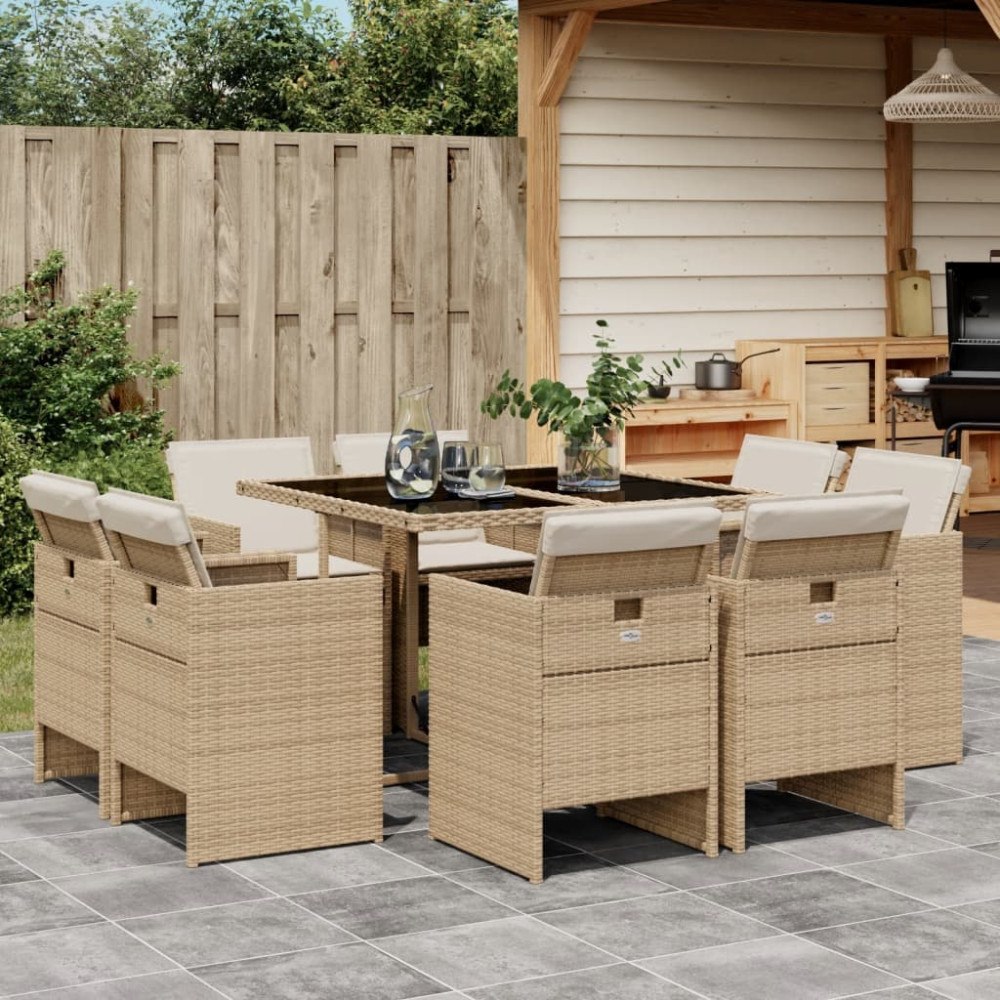 vidaXL Matgrupp för trädgården med dynor 9 delar beige konstrotting