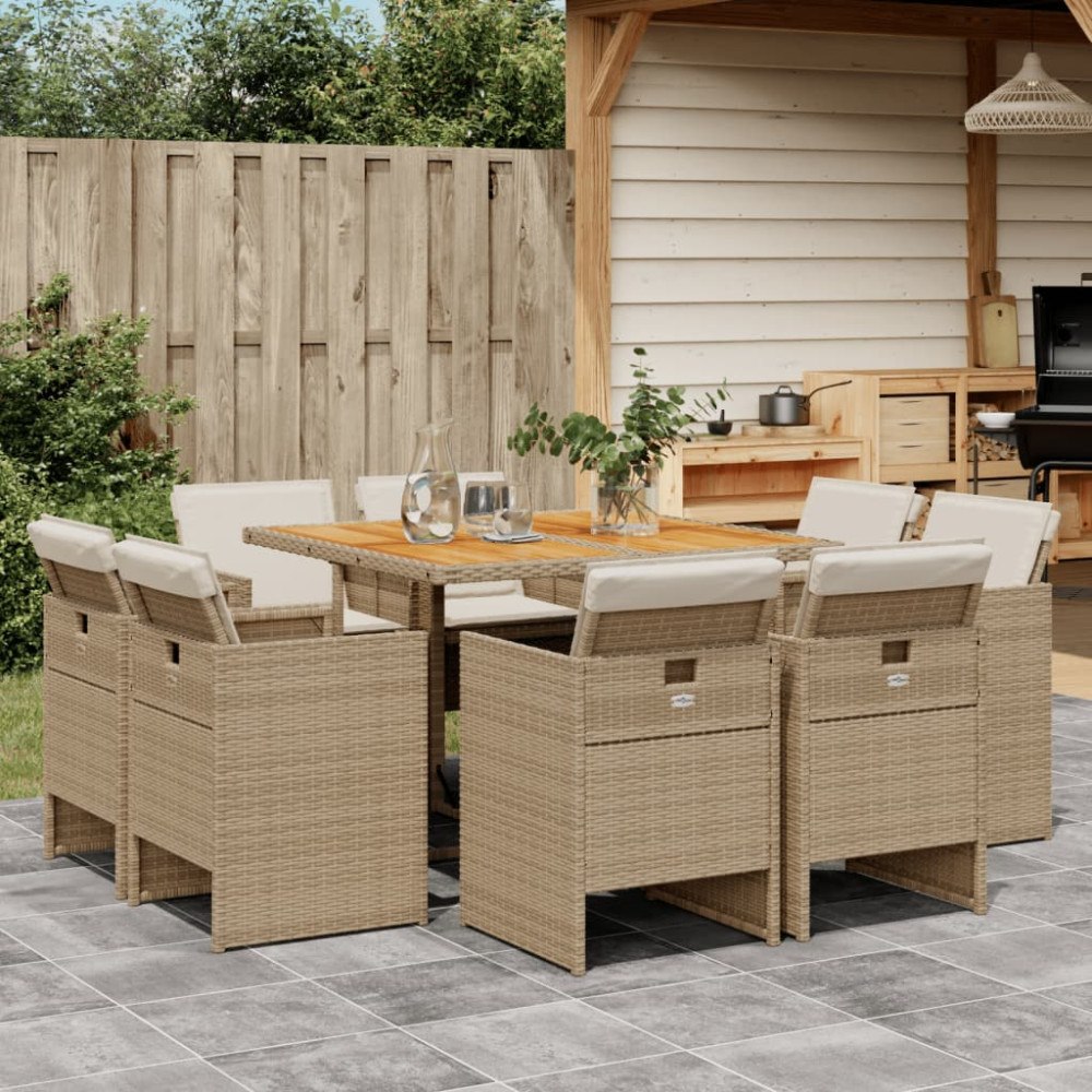 vidaXL Matgrupp för trädgården med dynor 9 delar beige konstrotting