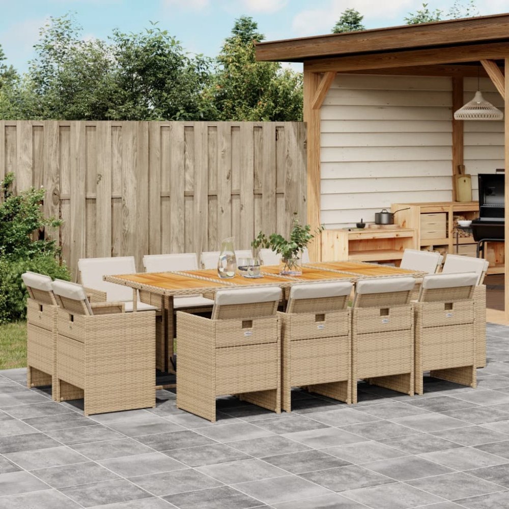 vidaXL Matgrupp för trädgården med dynor 13 delar beige konstrotting