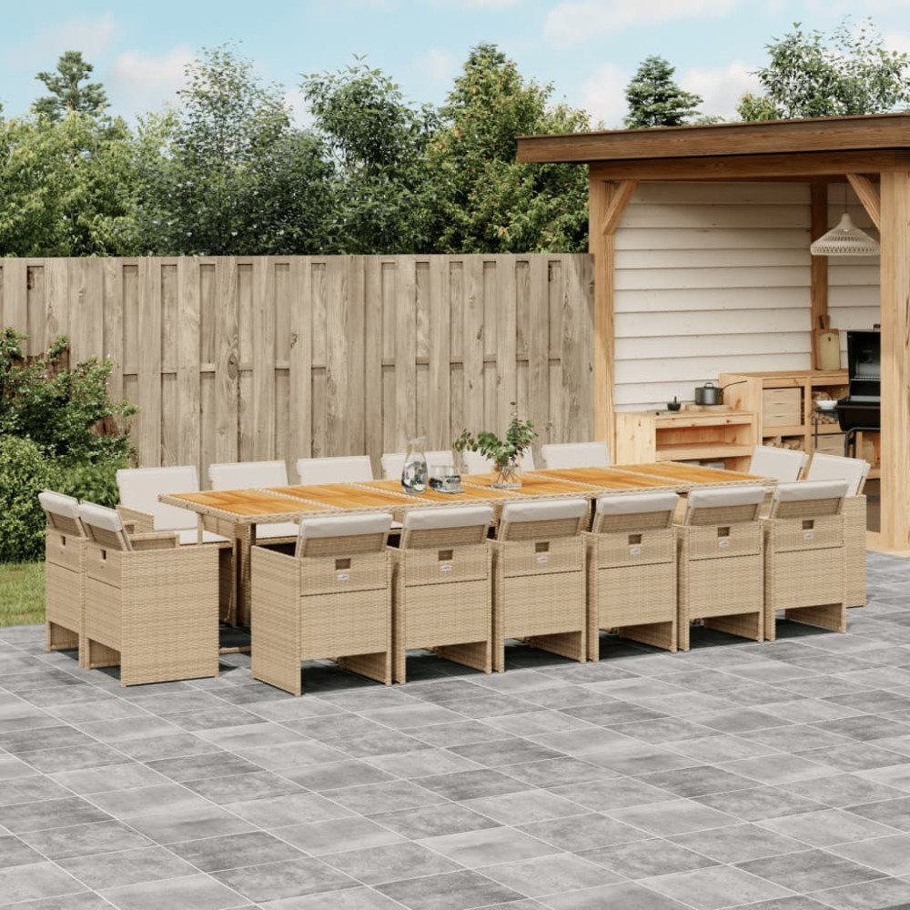 vidaXL Matgrupp för trädgården med dynor 17 delar beige konstrotting