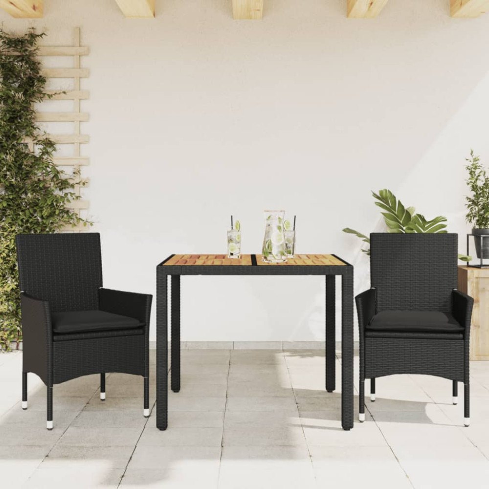 vidaXL Matgrupp för trädgården med dynor 3 delar svart konstrotting