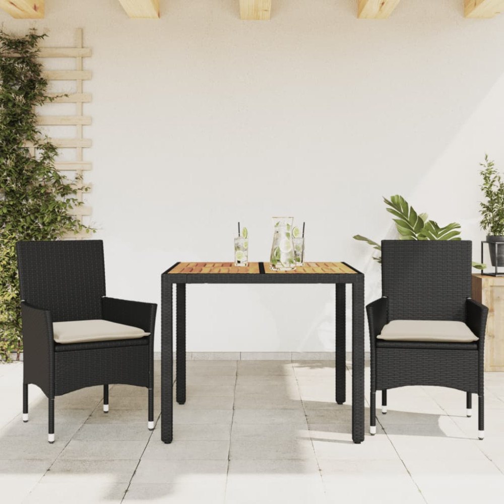 vidaXL Matgrupp för trädgården med dynor 3 delar svart konstrotting