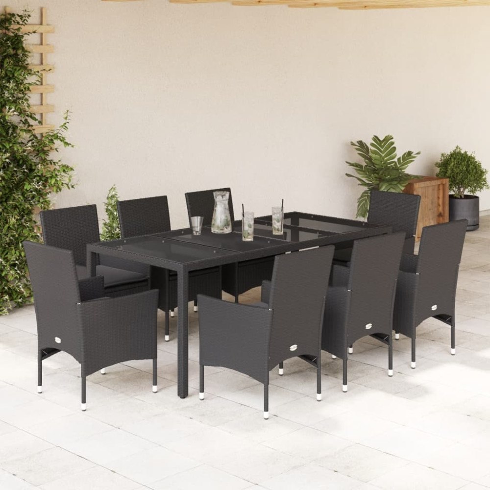 vidaXL Matgrupp för trädgård med dynor 9 delar svart konstrotting&glas