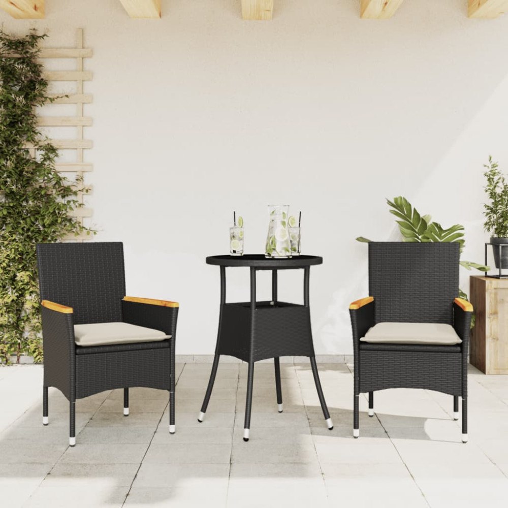 vidaXL Matgrupp för trädgård med dynor 3 delar svart konstrotting&glas