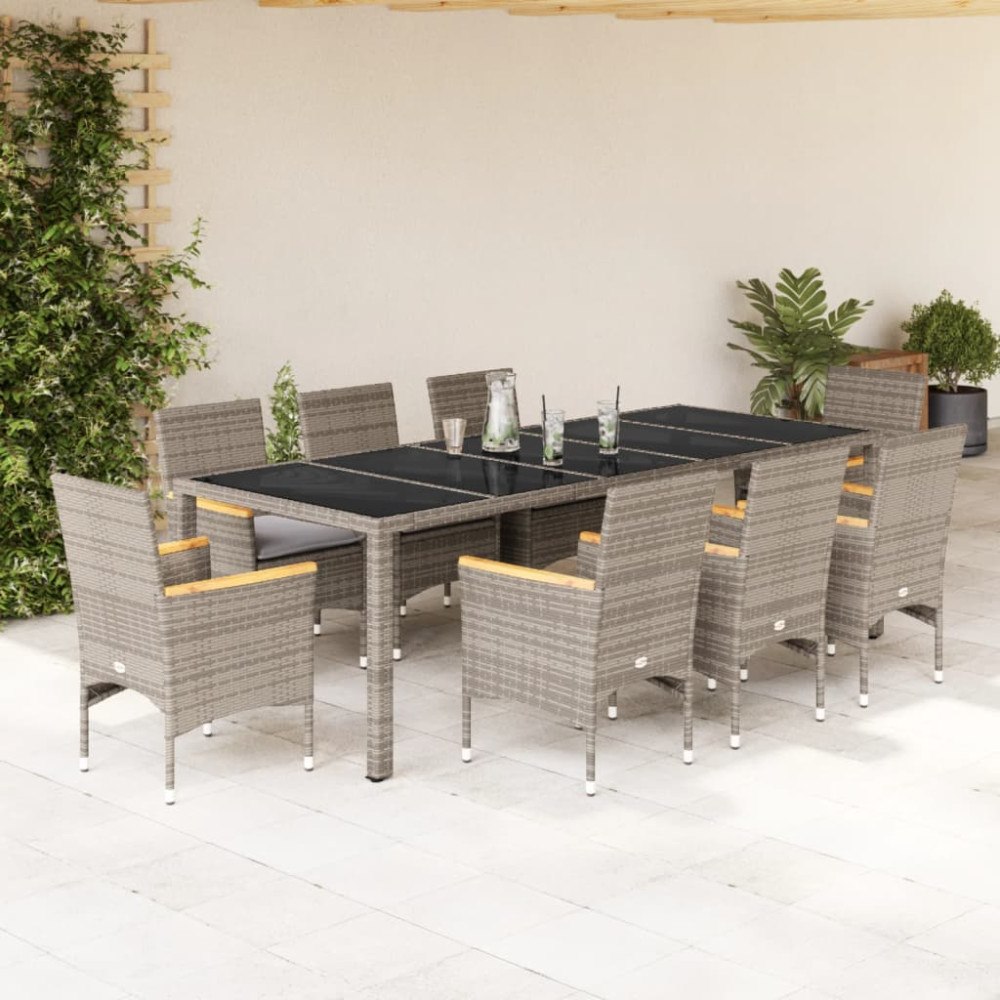 vidaXL Matgrupp för trädgården med dynor 9 delar grå konstrotting&glas
