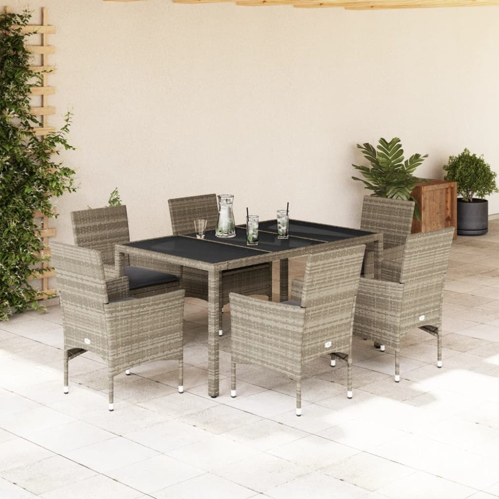 vidaXL Matgrupp för trädgården med dynor 7 delar grå konstrotting&glas