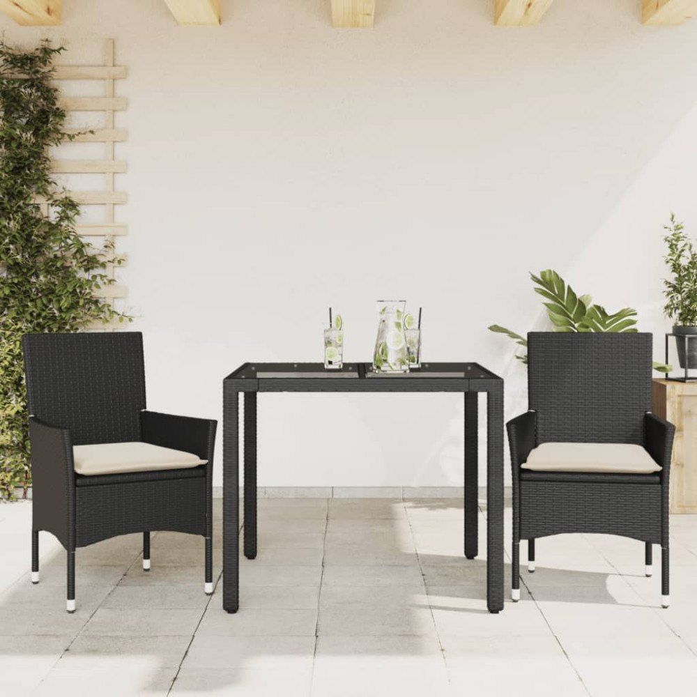 vidaXL Matgrupp för trädgård med dynor 3 delar svart konstrotting&glas