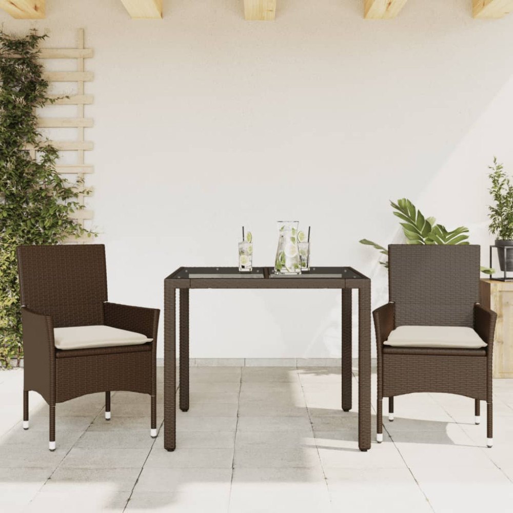 vidaXL Matgrupp för trädgård med dynor 3 delar brun konstrotting&glas