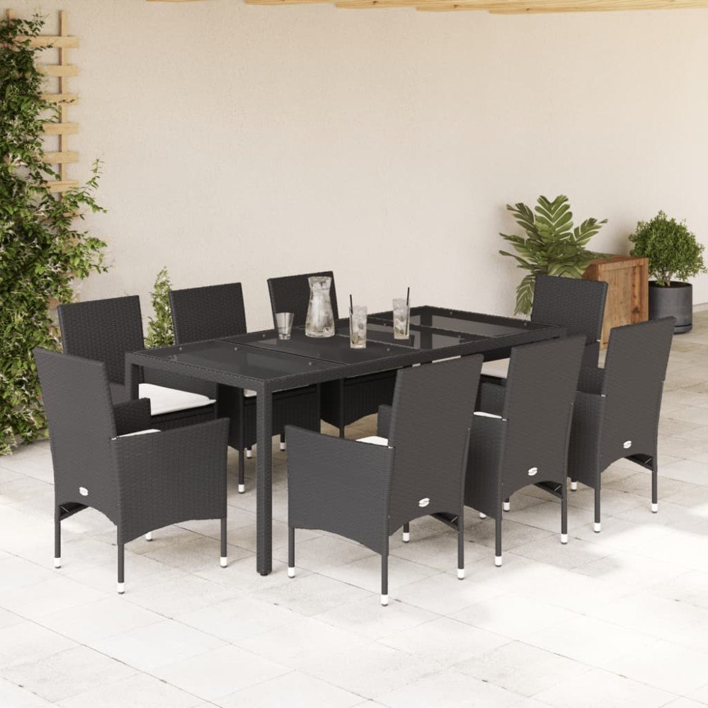 vidaXL Matgrupp för trädgård med dynor 9 delar svart konstrotting&glas