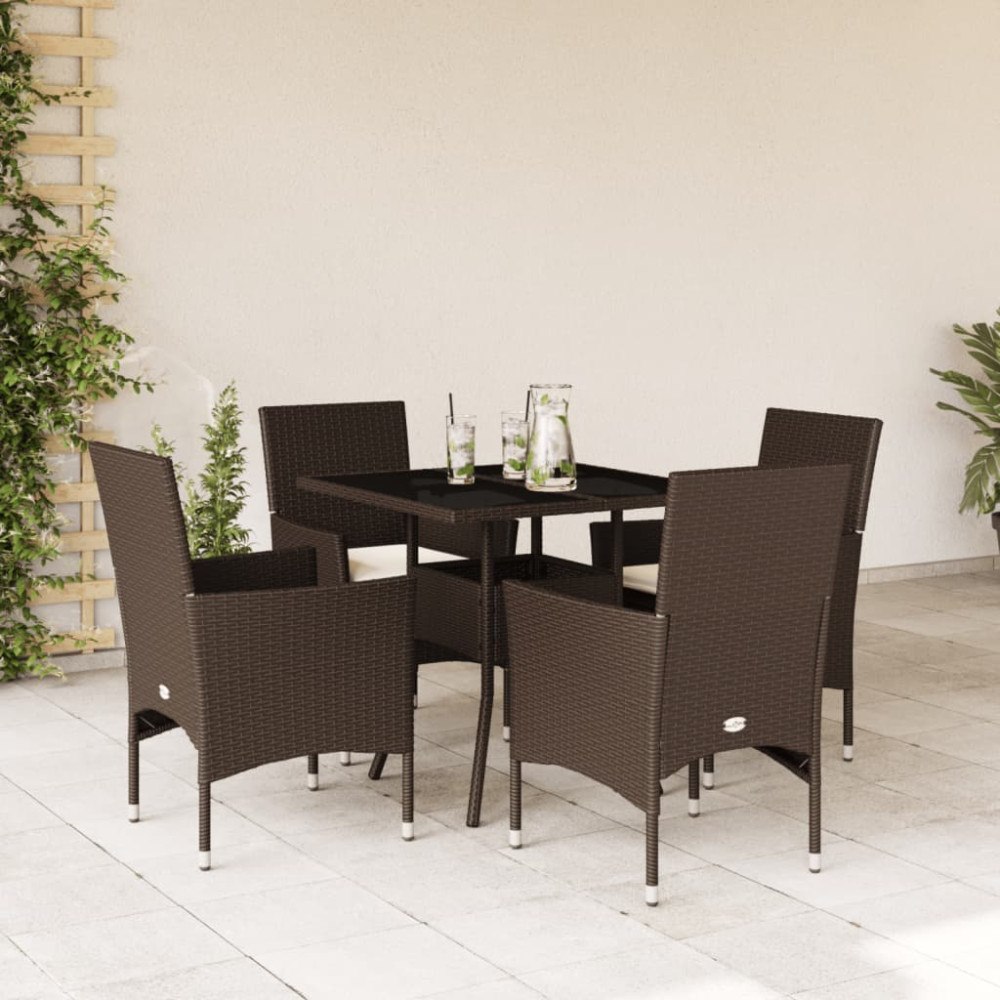 vidaXL Matgrupp för trädgård med dynor 5 delar brun konstrotting&glas