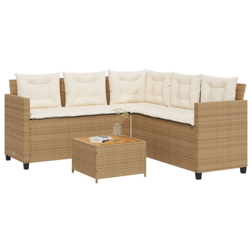 vidaXL Trädgårdssoffa med bord och dynor L-formad beige konstrotting