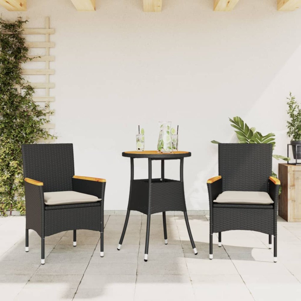 vidaXL Matgrupp för trädgården med dynor 3 delar svart konstrotting