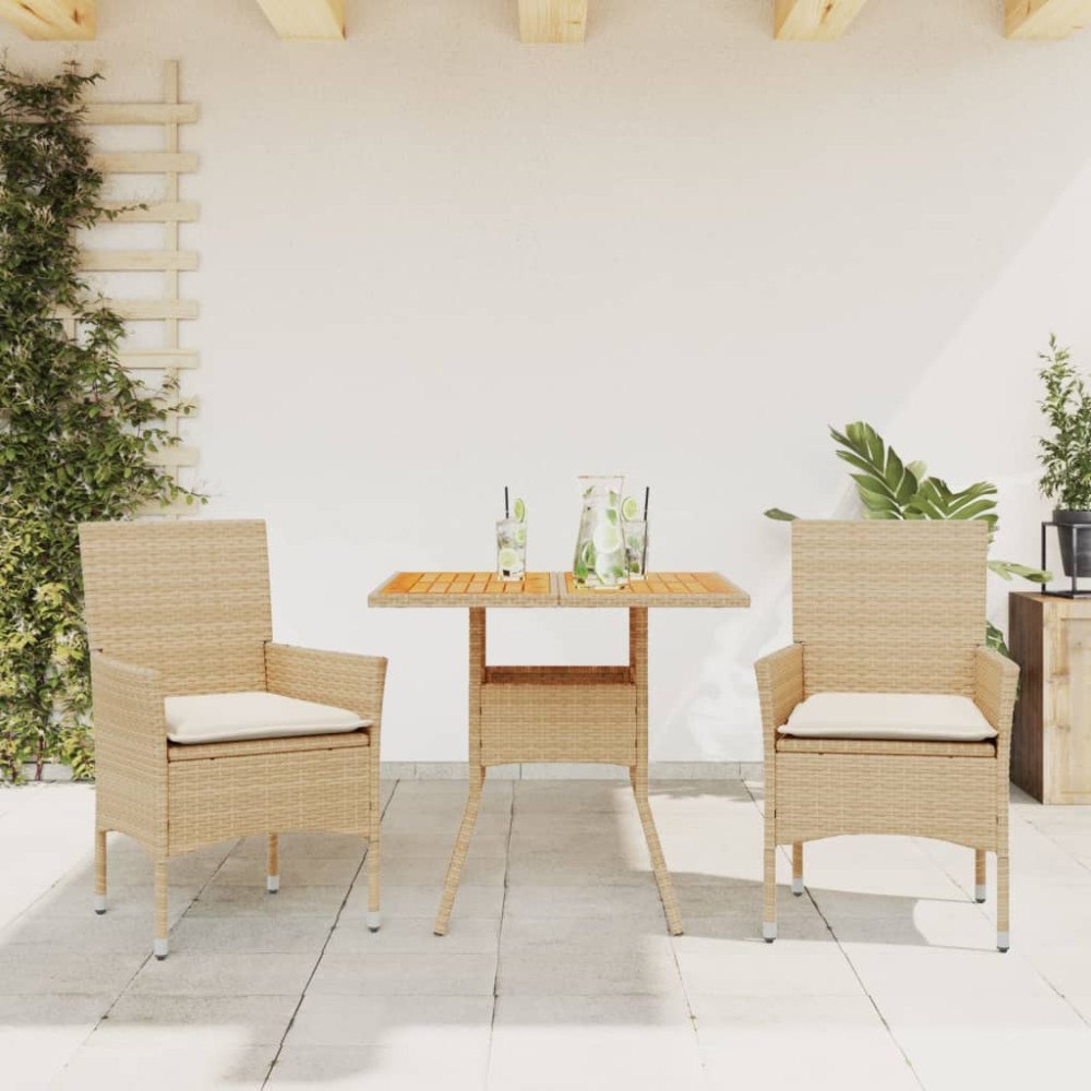 vidaXL Matgrupp för trädgården 3 delar med dynor beige konstrotting