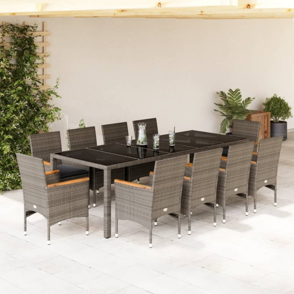 vidaXL Matgrupp för trädgård med dynor 11 delar grå konstrotting&glas