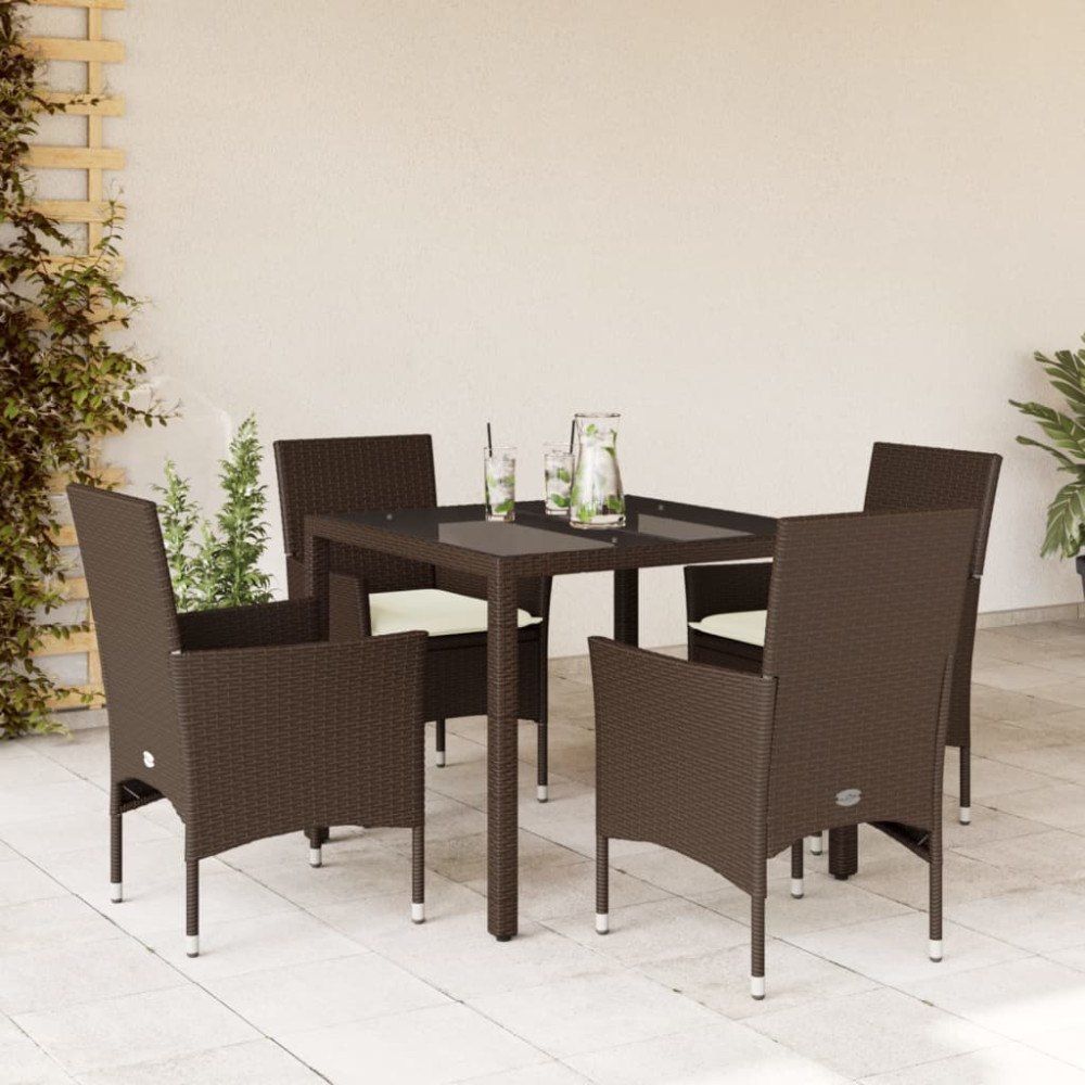 vidaXL Matgrupp för trädgård med dynor 5 delar brun konstrotting&glas