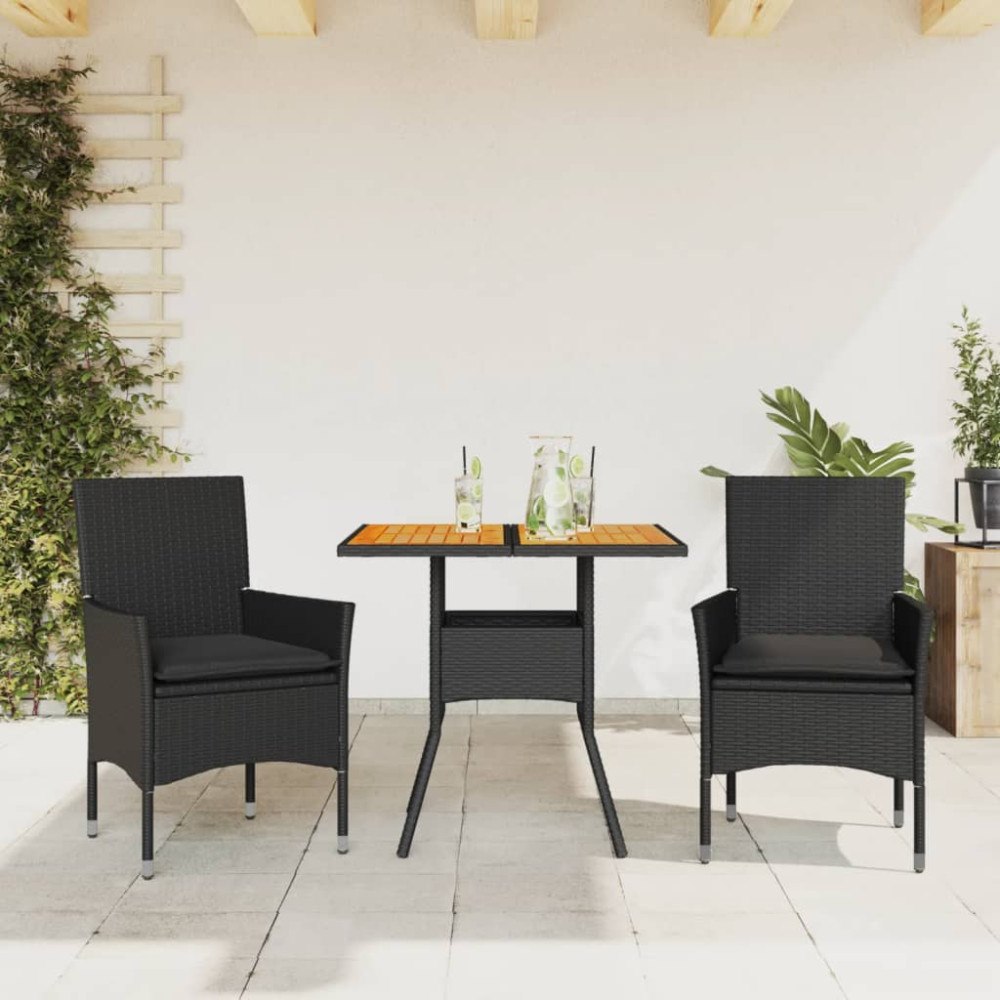 vidaXL Matgrupp för trädgården med dynor 3 delar svart konstrotting