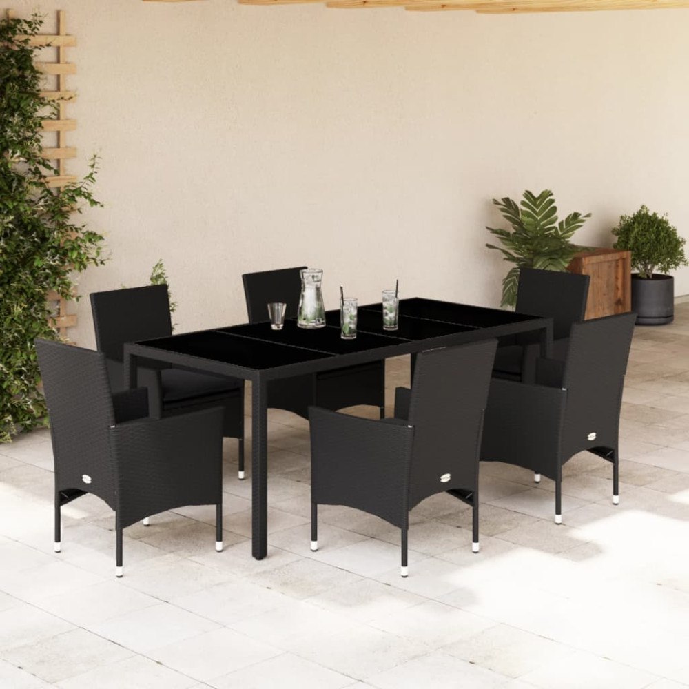 vidaXL Matgrupp för trädgård med dynor 7 delar svart konstrotting&glas