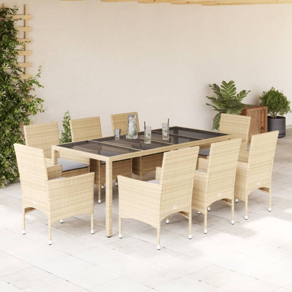 vidaXL Matgrupp för trädgård med dynor 9 delar beige konstrotting&glas