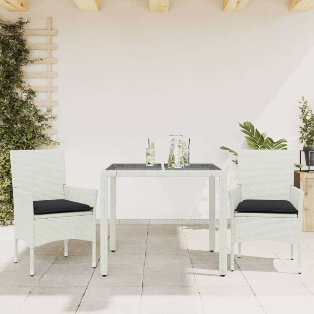 vidaXL Matgrupp för trädgård med dynor 3 delar vit konstrotting&glas
