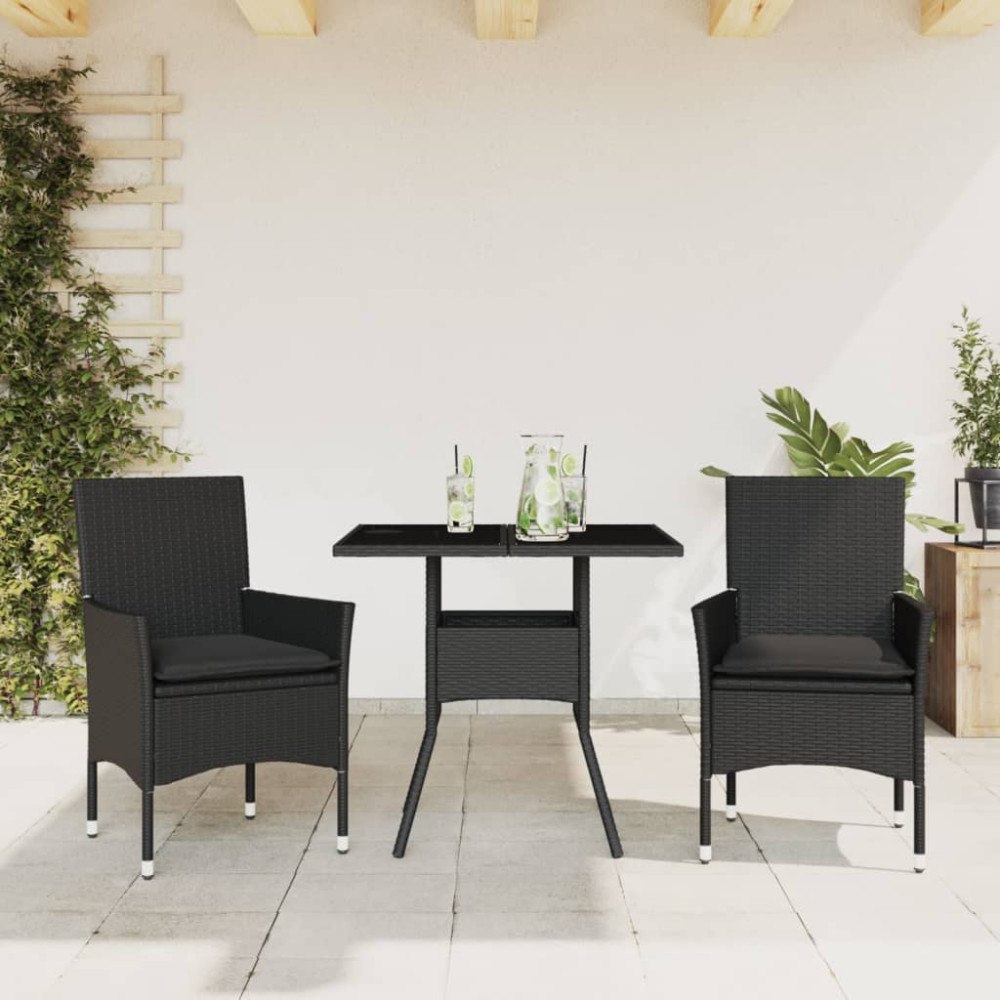 vidaXL Matgrupp för trädgård med dynor 3 delar svart konstrotting&glas