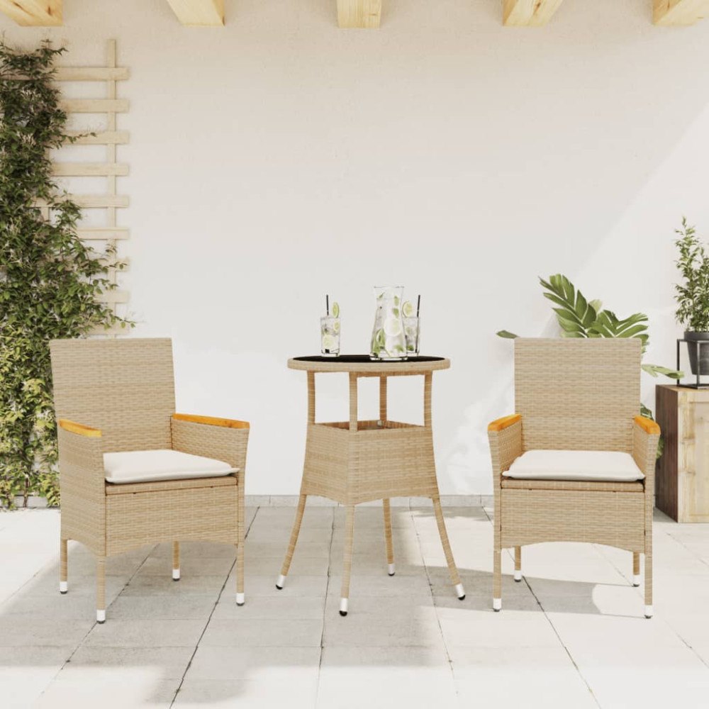 vidaXL Matgrupp för trädgård med dynor 3 delar beige konstrotting&glas