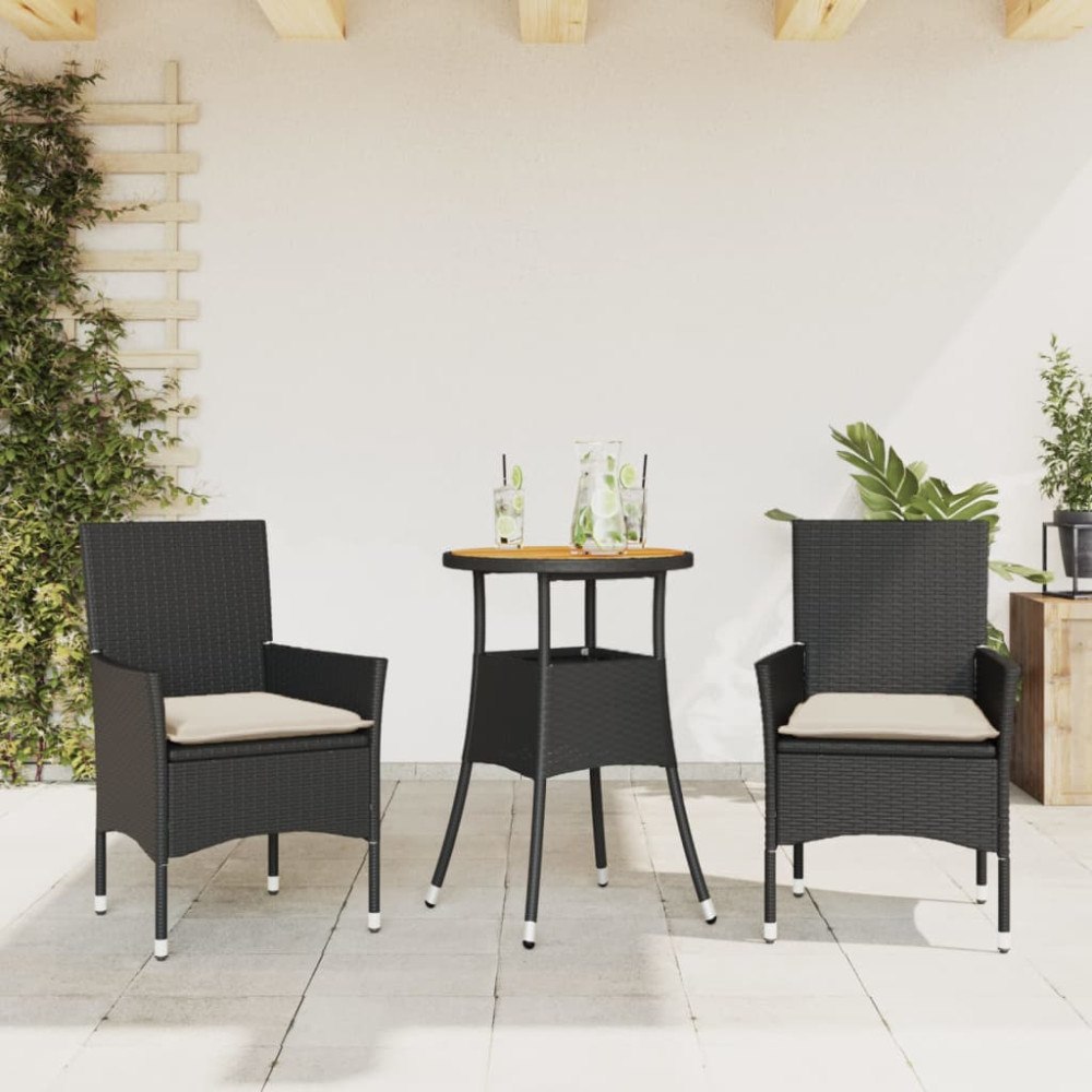 vidaXL Matgrupp för trädgården med dynor 3 delar svart konstrotting