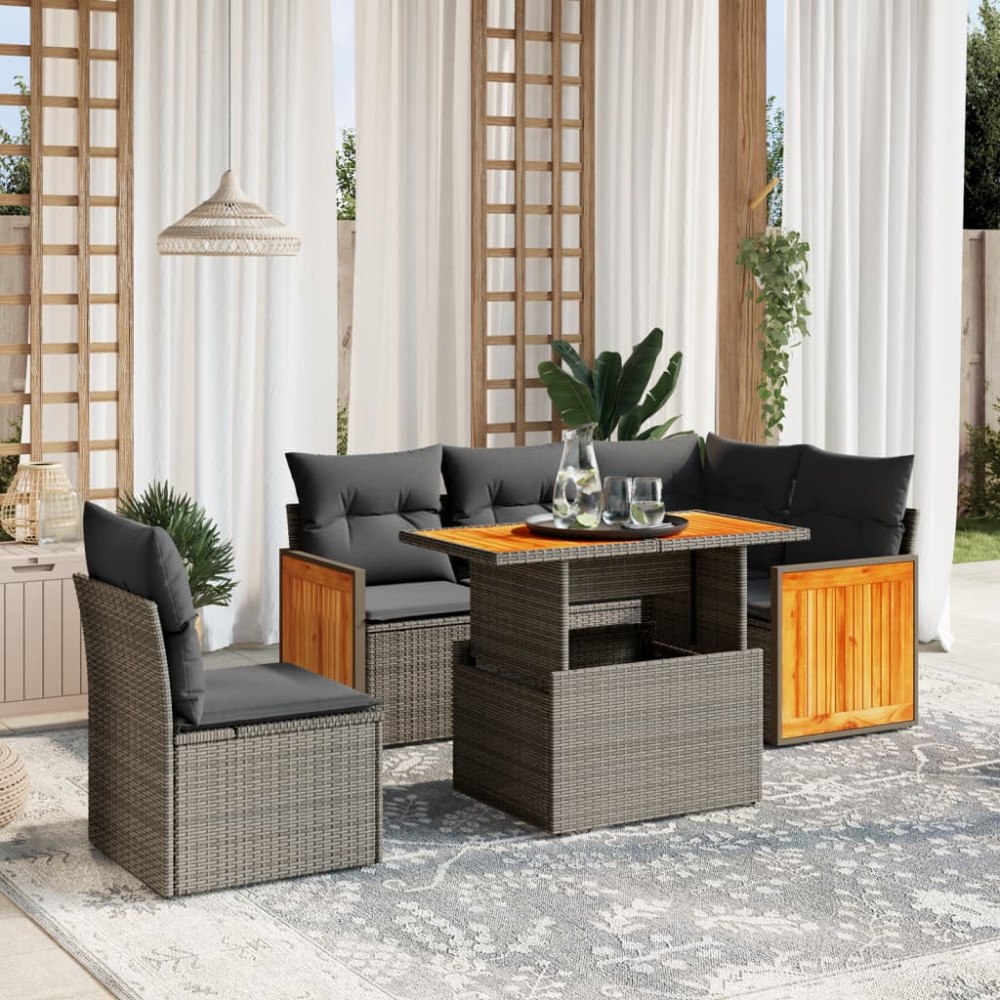 vidaXL Soffgrupp för trädgården med dynor 6 delar beige konstrotting