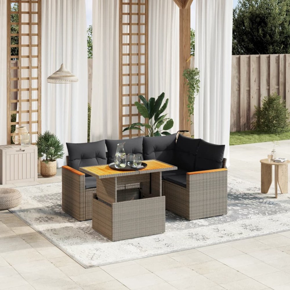 vidaXL Loungegrupp för trädgården med dynor 5 delar konstrotting grå