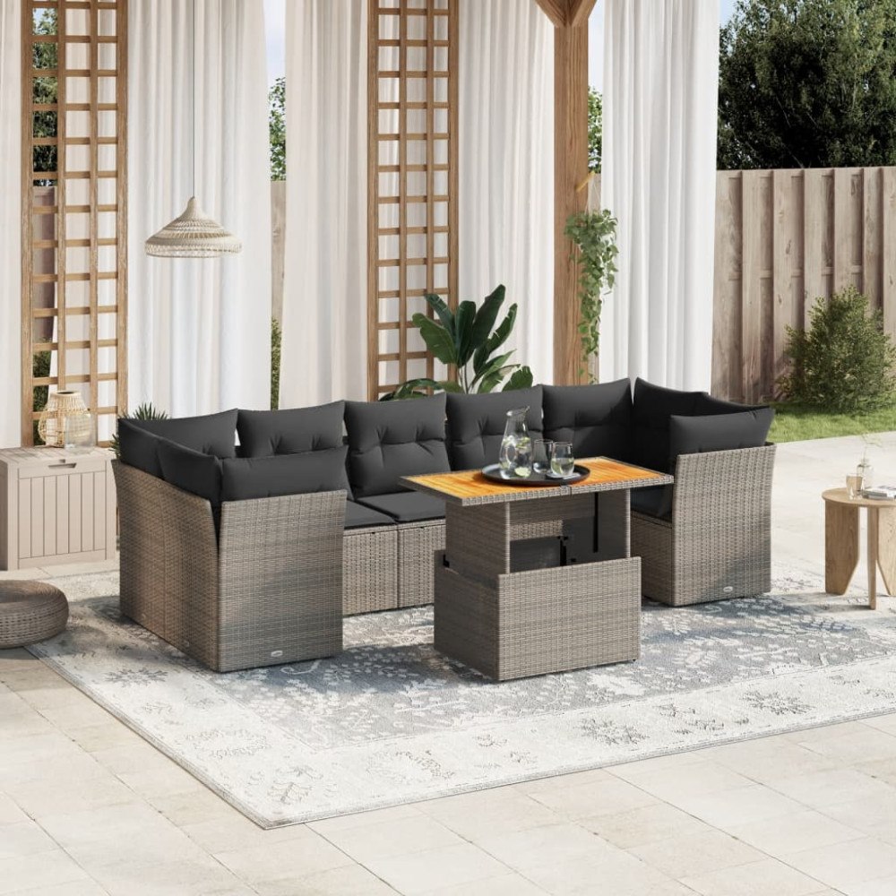 vidaXL Loungegrupp för trädgården med dynor 8 delar grå konstrotting