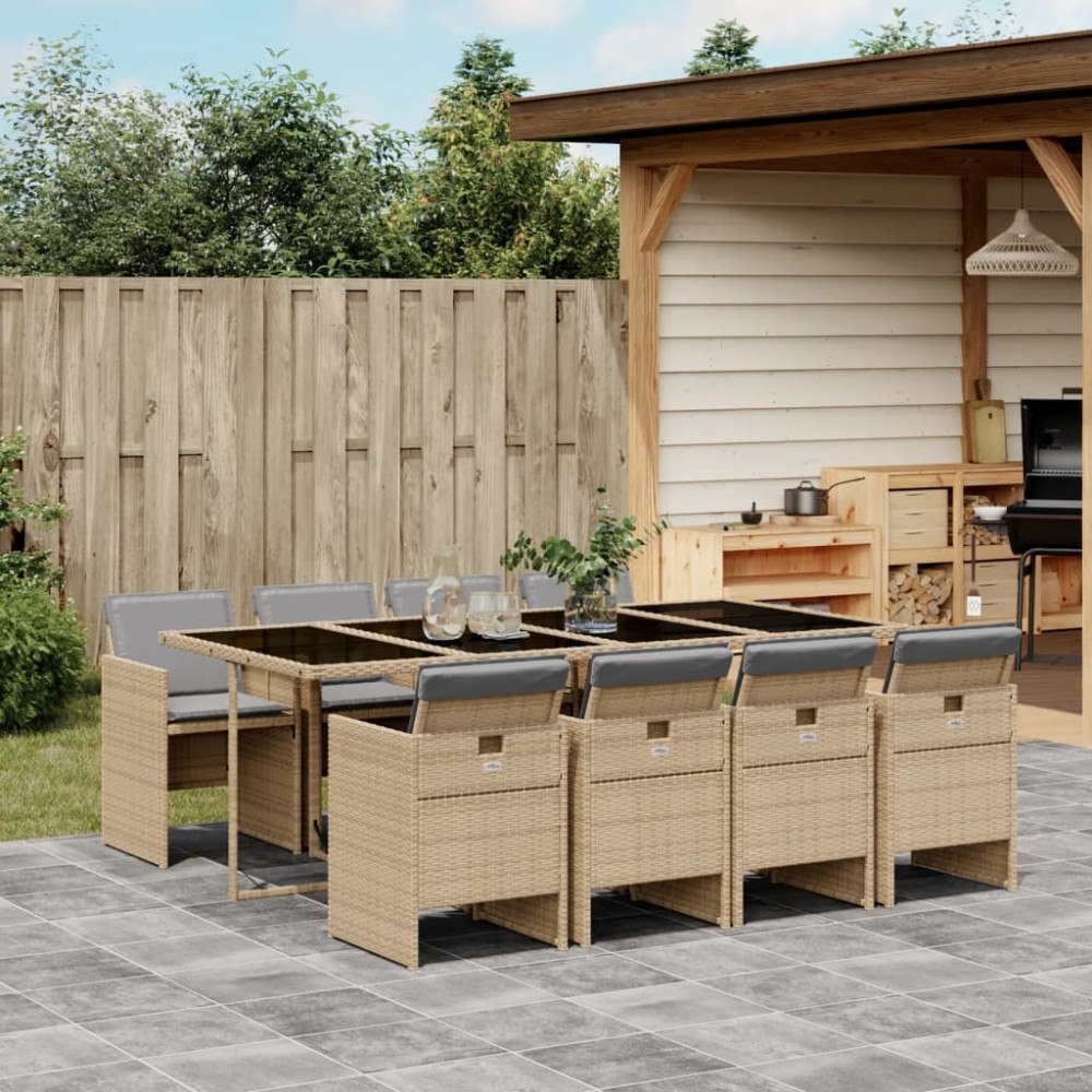vidaXL Matgrupp för trädgården med dynor 9 delar mixbeige konstrotting