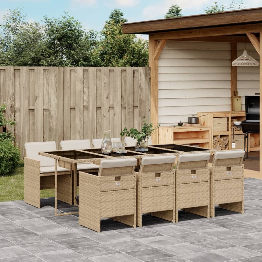 vidaXL Matgrupp för trädgården med dynor 9 delar beige konstrotting