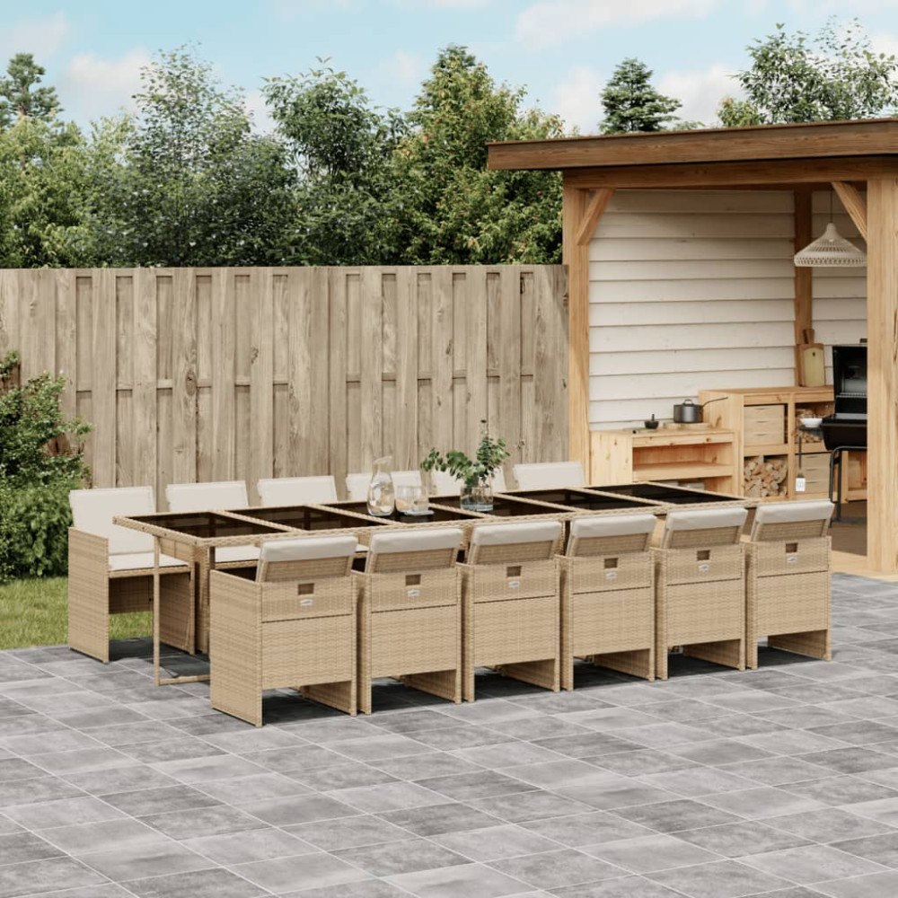 vidaXL Matgrupp för trädgården med dynor 13 delar beige konstrotting