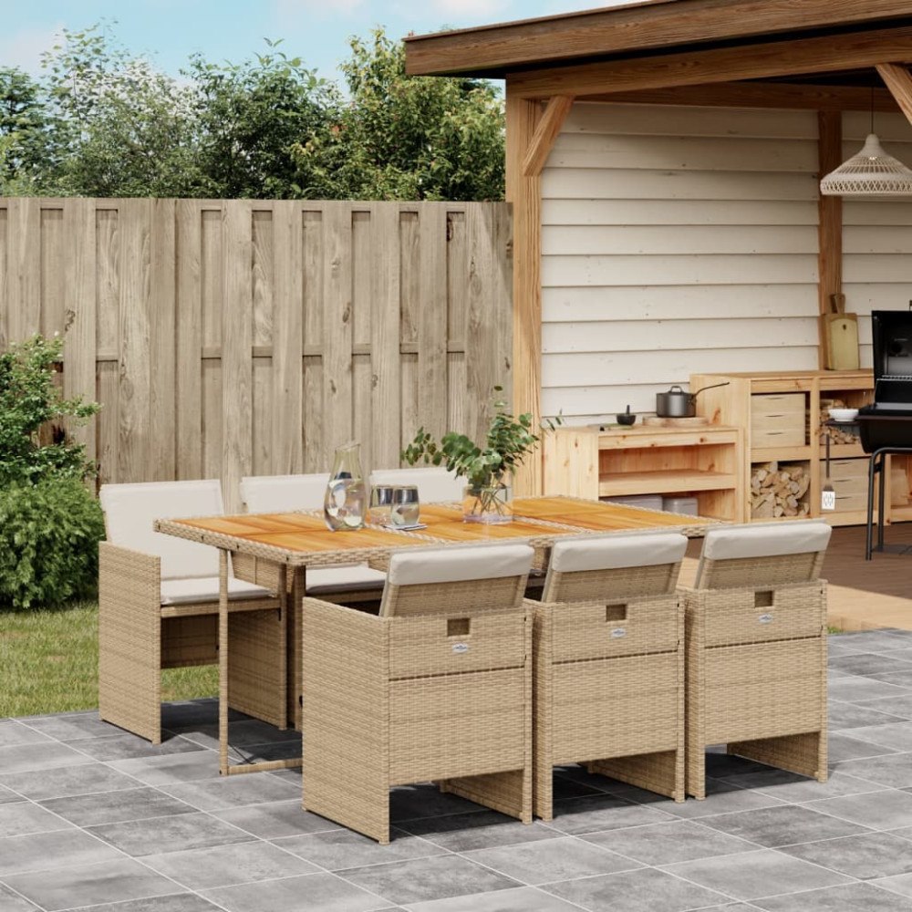 vidaXL Matgrupp för trädgården med dynor 7 delar beige konstrotting