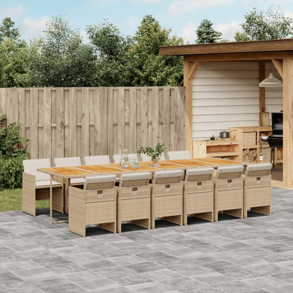vidaXL Matgrupp för trädgården med dynor 13 delar beige konstrotting