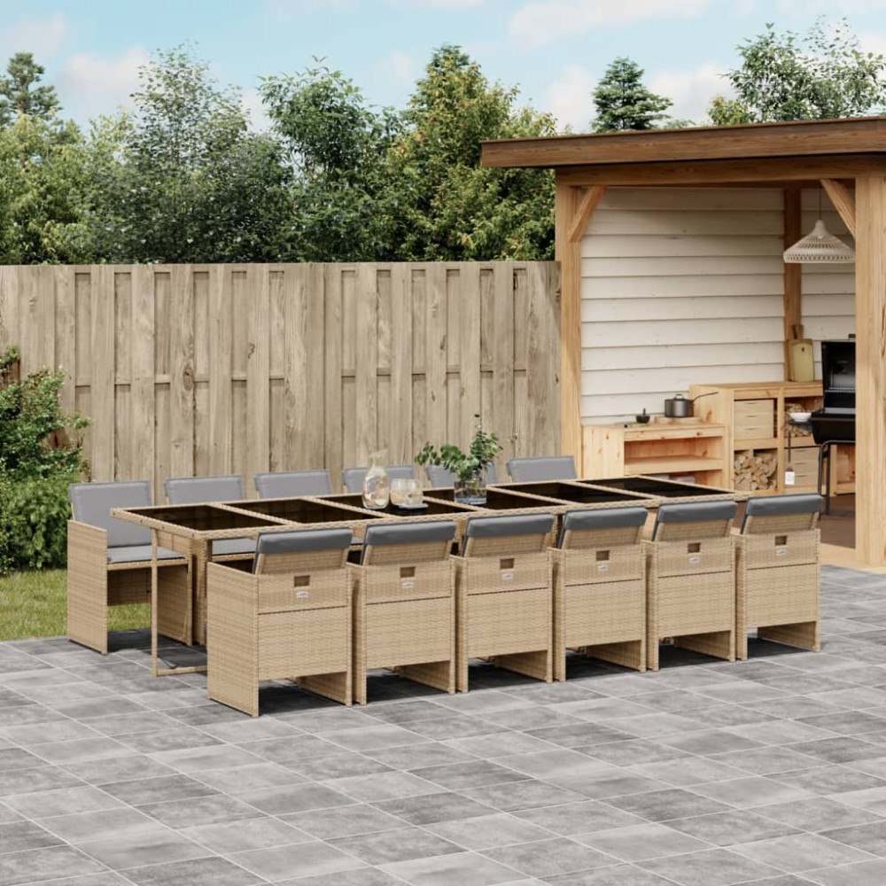 vidaXL Matgrupp för trädgården med dynor 13delar mixbeige konstrotting