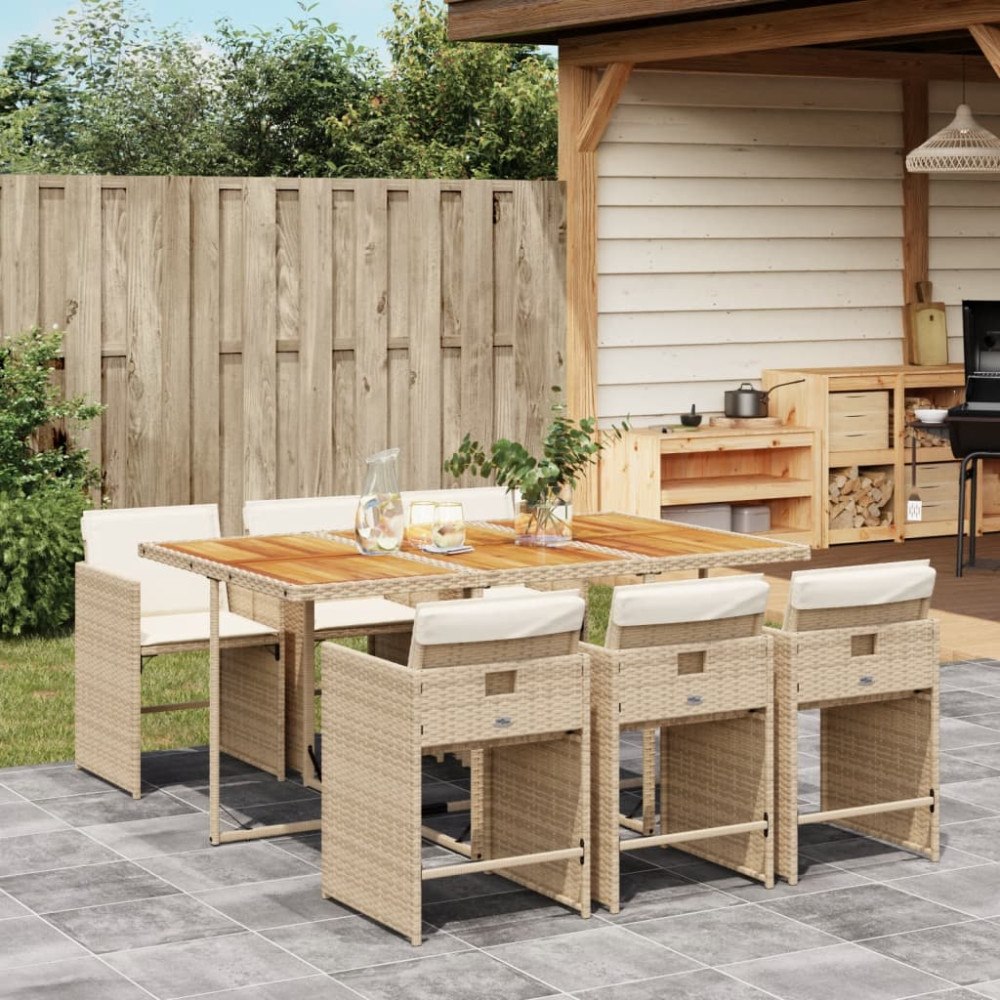 vidaXL Matgrupp för trädgården med dynor 7 delar beige konstrotting