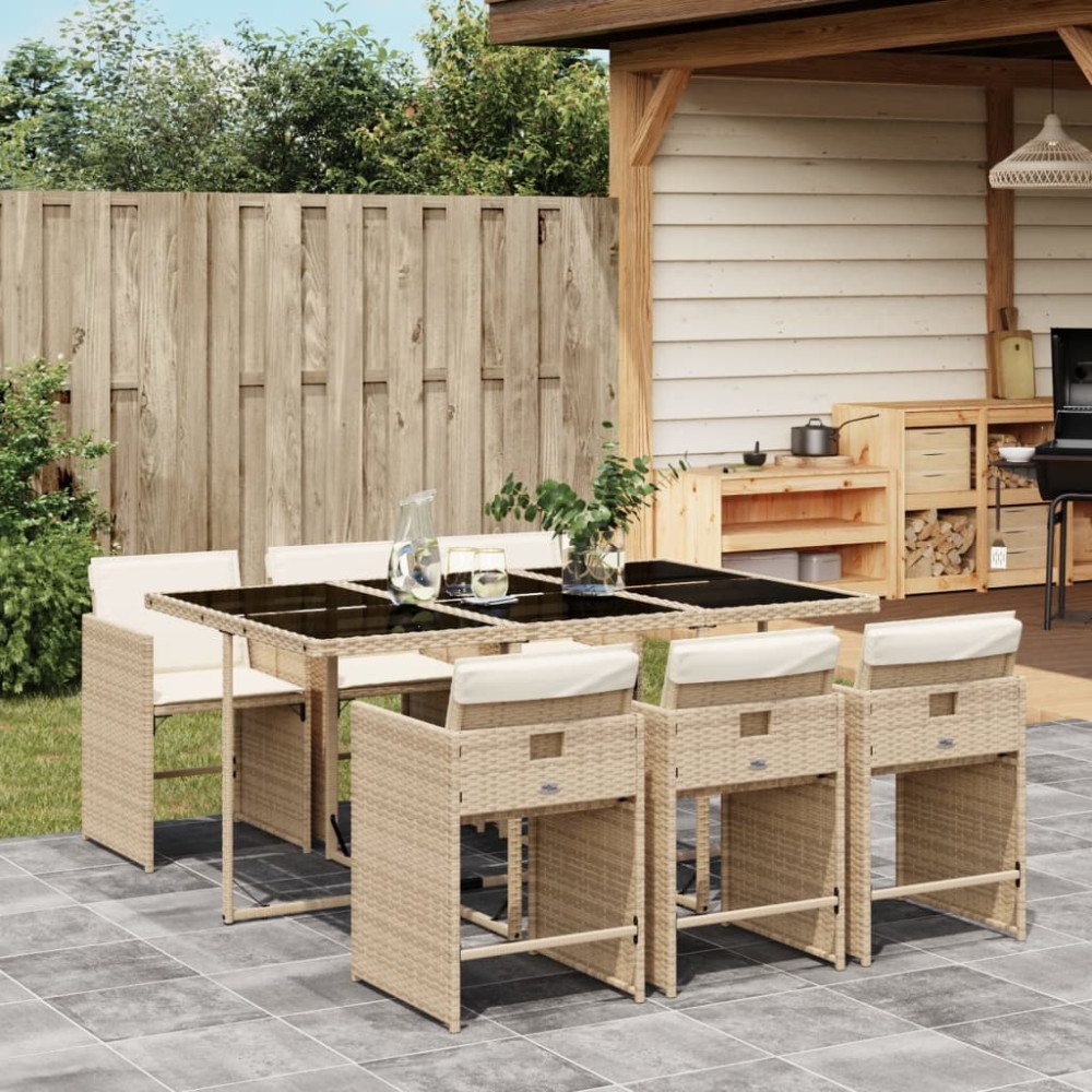 vidaXL Matgrupp för trädgården med dynor 7 delar beige konstrotting