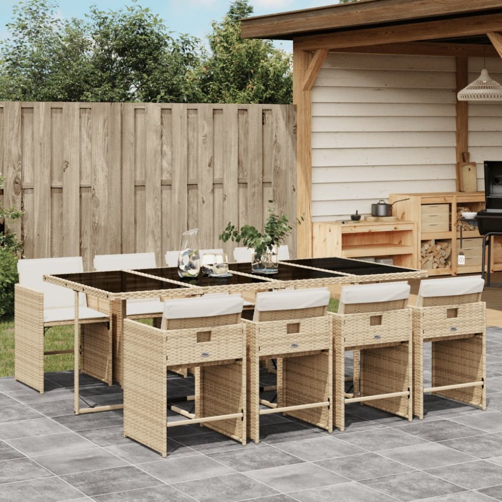 vidaXL Matgrupp för trädgården med dynor 9 delar beige konstrotting