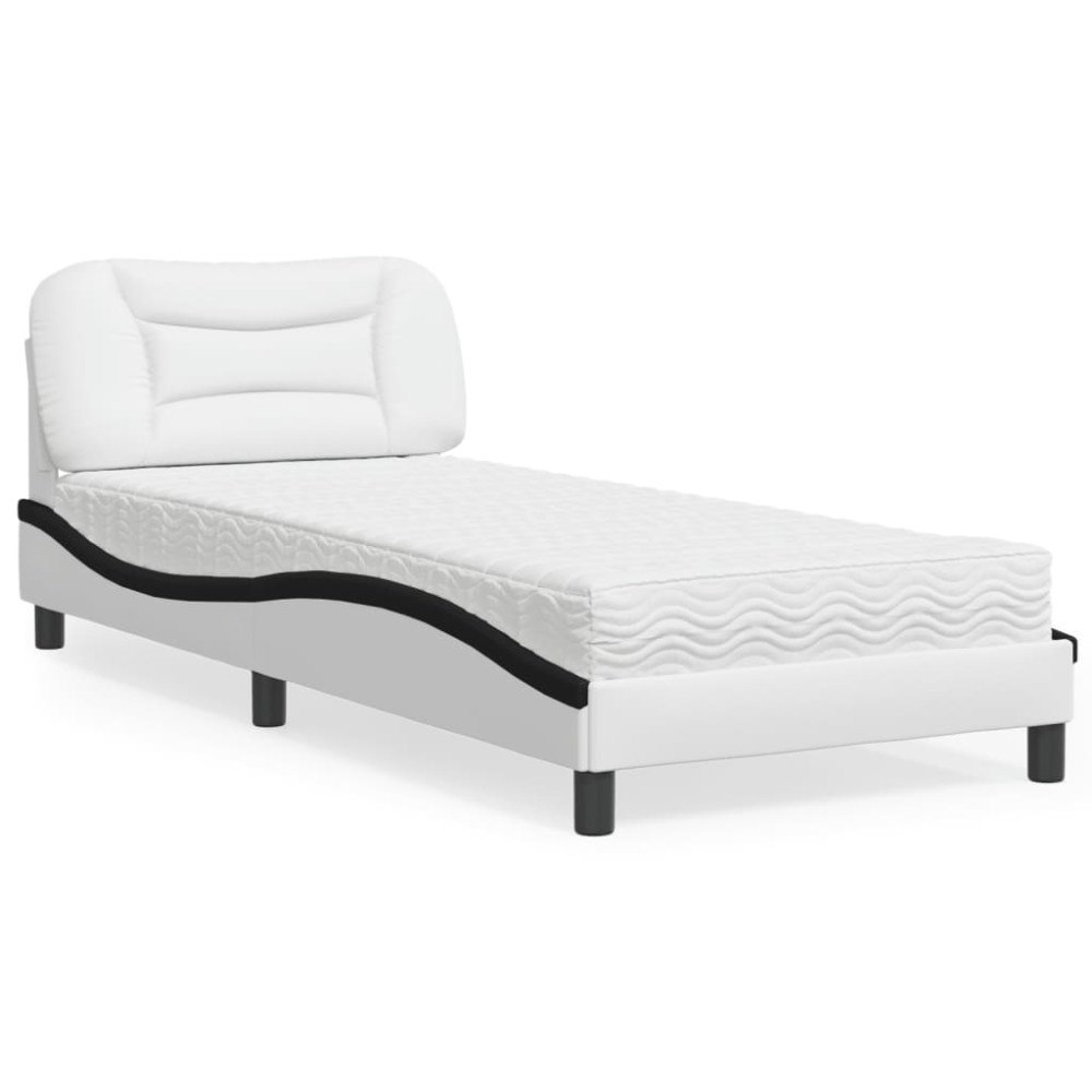 vidaXL Bed with Mattress "Hvar" White and Black 90x190 cm Faux Leather